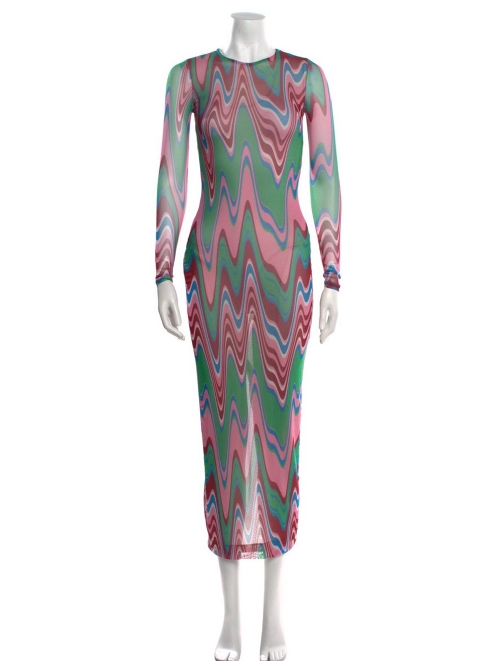 PatBo Long Sleeve Wave-Print Midi Dress in Green and Pink